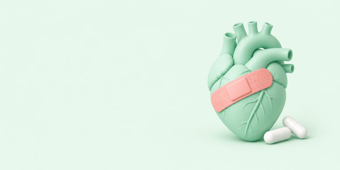 Mint anatomical heart with a pink bandage and capsules